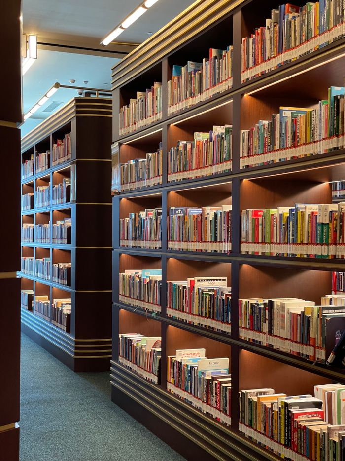 Well-lit library interior featuring rows of neatly organized bookshelves filled with books.